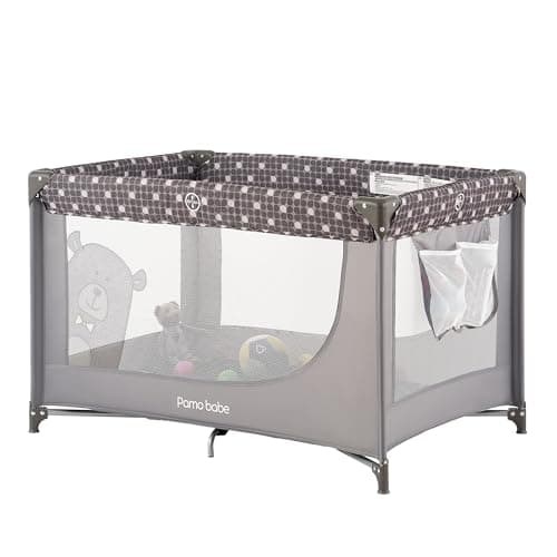 Pamo Babe Portable Crib Baby Playpen with Mattress and Carry Bag Grey - Image 1