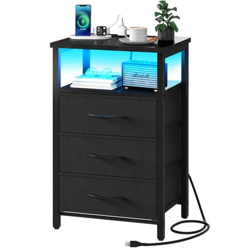Yoobure Night Stand with Charging Station, 16 Colors LED Nightstand with USB Ports and Outlets, End Table with 3 Fabric Drawers and Storage Shelf, Bedside Tables Small Dresser for Small Space, Black - Image 1
