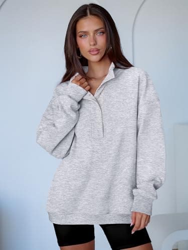 ANRABESS Womens Oversized Sweatshirt Long Sleeve Henley Pullover Tops 2025 Fall Casual Button Loose Fit Teens Fashion Outfits Light Grey Large - Image 2