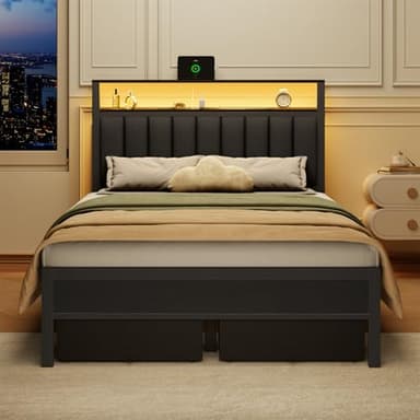 Furnulem Full Size Bed Frame with Charging Station and LED Lights, Grey Upholstered Headboard with Shelves, Metal Platform Bed with 2 Under-Bed Storage (Fabric Drawer on Wheels), No Box Spring Needed - Image 5