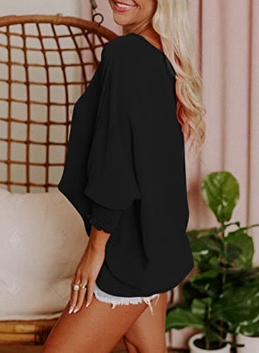 Dokotoo Womens Plus Size Tops Business Casual Outfits Crew Neck Spring Summer Ladies Tops Loose Fashion 3/4 Puff Sleeve T Shirts Flowy Blouses for Women Dressy Casual Black XL - Image 3