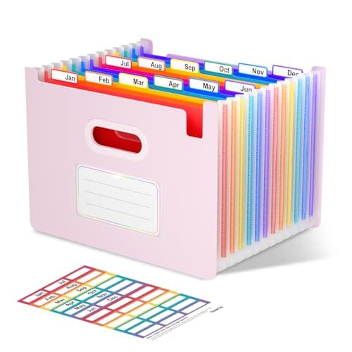 ThinkTex Accordion File Organizer, 12 - Pocket Expanding File Folders Upright & Open Top,for Paper Receipts, Bills&Taxes Organizer, Letter/A4 Size for School, Office, Home with tab-Pinkish Purple - Image 1