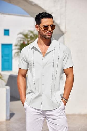 COOFANDY Men's Cuban Guayabera Shirt Short Sleeve Button Down Shirts Casual Summer Beach Linen Shirts A-White - Image 4