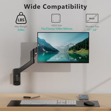 WALI Computer Monitor Wall Mount for 17 to 32 Inch Screens, Single Monitors Mount Holds up to 22lbs, Fully Adjustable Gas Spring Wall Mount Monitor Arm, 75x75/100x100mm VESA Mount (GSWM001), Black - Image 2