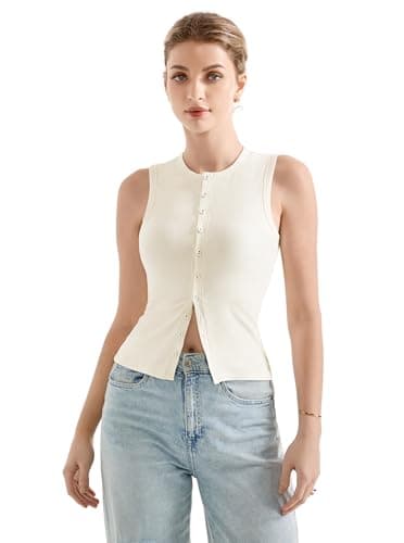 SUUKSESS Women Button Down Going Out Trendy Tops Ribbed Sexy Vest Y2K Tank Tops (Cream, Medium) - Image 2
