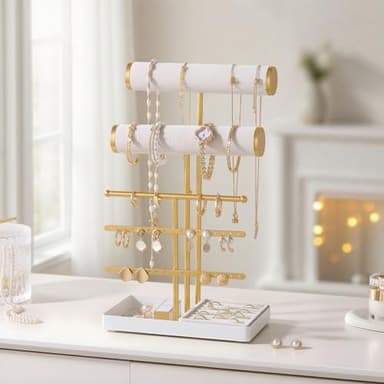 Lolalet Bracelet Display Stand Necklaces Holder, 5 Tiers Jewelry Organizer and Storage Rack with Velvet Slot and Metal Base, for Women Bangles Watches Ring Earrings -White - Image 5