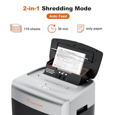 Bonsaii Paper Shredder for Office, 110-Sheet Autofeed Heavy Duty Shredder for Home Office Use, 30 Minutes/Micro Cut/P-4 High Security Level/6 Gallon Large Bin - Image 2