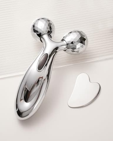 Stainless Steel Gua Sha & Silver Plated Plastic Face Roller Set, Facial Massage Tools, Facial Tool for Face Sculpting - Image 1