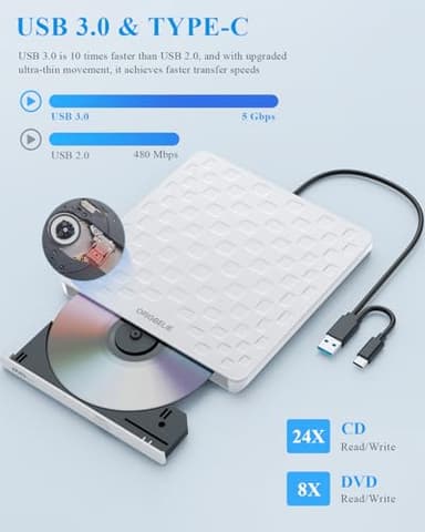 ORIGBELIE External CD/DVD Drive for Laptop, Ultra Slim 13mm USB 3.0 Type-C Portable DVD Player CD Burner Reader Writer Recorder for Desktop PC Windows 11/10/8/7 Linux Mac OS, White - Image 4