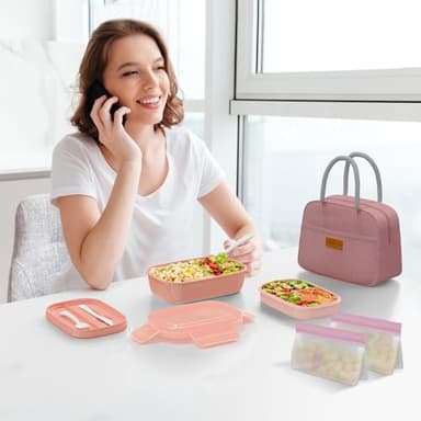 JBGOYON® Bento Lunch Box Set - 3 Stackable Containers for Adults and Kids，lunch box for women- Includes Lunch Bag, Leak-Proof and BPA-Free - Built-in Utensil Set - Dishwasher Safe (Pink) - Image 2