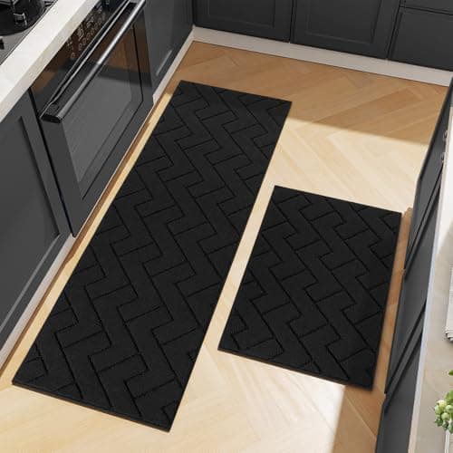 hicorfe Kitchen Rugs and Mats Sets,2 Pieces Super Absorbent Polypropylene Non-Slip Rug,Soft Comfort Floor Mat,Washable for Kitchen,Hallway,Office,Sink,Laundry(24" x 35"+24" x 71",Black) - Image 1