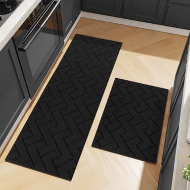 hicorfe Kitchen Rugs and Mats Sets,2 Pieces Super Absorbent Polypropylene Non-Slip Rug,Soft Comfort Floor Mat,Washable for Kitchen,Hallway,Office,Sink,Laundry(24" x 35"+24" x 71",Black) - Image 1