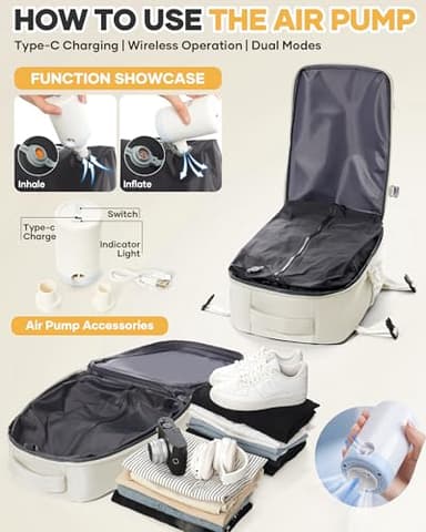 KEYEMP Vacuum Seal Backpack for Clothing Travel with Air Pump Waterproof Laptop Carry On Backpack Personal item Travel Essentials Compression Space Saver Bags Storage with Vacuum System Women Beige - Image 3