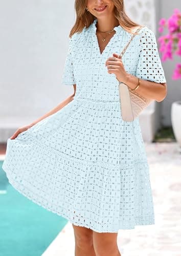 PRETTYGARDEN Eyelet Dresses for Women 2025 Summer Short Sleeve V Neck Hollow Out Ruffle A Line Boho Beach Vacation Mini Dress (Light Blue,Large) - Image 8
