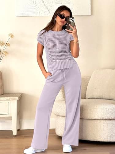 ANRABESS Women Two Piece Outfits Crochet Sheer Knit Sweater Top Wide Leg Pants Lounge Matching Sets Sweatsuit Travel Clothes Light Purple Small - Image 4