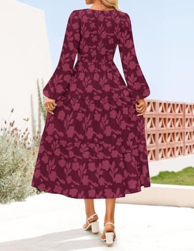ZESICA Women's Fall Boho Floral Midi Dress 2025 Casual Long Sleeve Crewneck Flowy Wedding Guest Long Dresses,Wine,Medium - Image 4