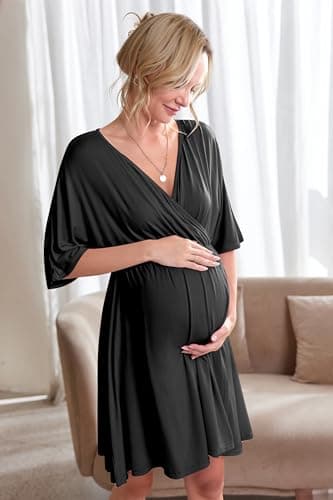 Ekouaer 3 in 1 Labor/Delivery/Hospital Gown Maternity Dress Nursing Nightgown Sleepwear for Breastfeeding, Black, Large - Image 4