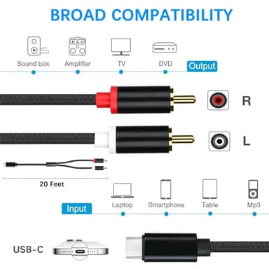 WORLDBOYU USB C to RCA Cable Audio Aux Adapter, Stereo Y Splitter Adapter for Select iPhone, iPad and iPod Models for Power Amplifier, Car, Home Theater, Speaker and More 20FT - Image 2