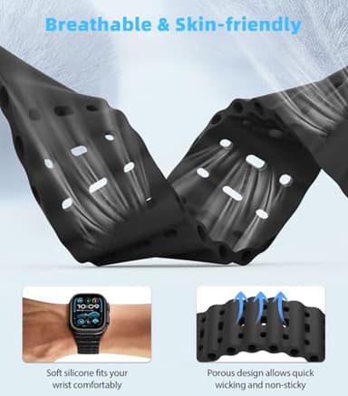 MoKo Ocean Band Compatible with Apple Watch Ultra 3/2/1 49mm, Upgraded Silicone Sports Bands 46mm 45mm 44mm for Men Women, Series 11/10/9/8/7/6/5 SE3/2/1 Breathable Strap with Metal Connector, A-Bk/Bk - Image 3
