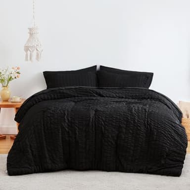 Love's cabin Seersucker Black King Size Comforter Set 7 Pieces, All Season Lightweight Bedding Set, King Bed in a Bag Comforter Set with Comforter, Flat Sheet, Fitted Sheet, Pillowcase and Pillow Sham - Image 2