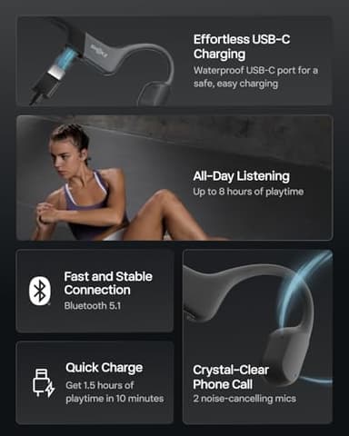 SHOKZ OpenRun Mini with USB-C Charging - Open-Ear Bluetooth Bone Conduction Sport Headphones - Sweat Resistant Wireless Earphones for Workouts and Running - Built-in Mic, with Hair Band - Black - Image 8