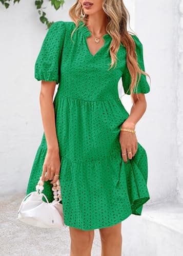 KIRUNDO Eyelet Summer Dresses for Women 2025 Mini Casual Hollow Out Short Sleeve Lace Tiered V Neck Shift Dress Pockets(Green, Medium) - Image 8