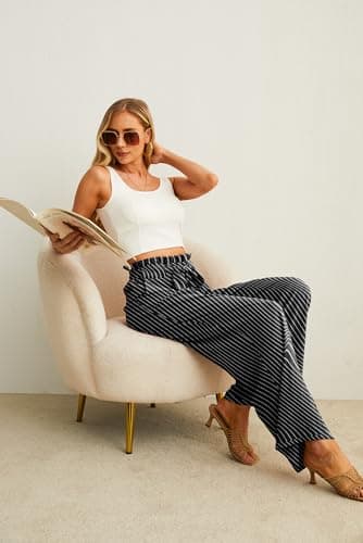 IWOLLENCE Women's Wide Leg Pants with Pockets High Waist Adjustable Knot Loose Casual Trousers Business Work Casual Pants Black Stripe L - Image 5