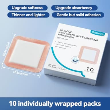 Dimora Silicone Super Absorbent Wound Dressings - Gentle Adhesive Bandages with Ultrasorb Polymer,Heavy Exudate Wound Care Pads 5"X 5" 10 Packs - Image 2