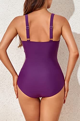 Smismivo Tummy Control Swimsuits for Women Slimming One Piece Bathing Suit Modest Padded Ruched Push Up Long Torso Curvy Cute Shapewear V Neck Criss Cross Swimming Full Coverage Swimwear (Purple) - Image 2