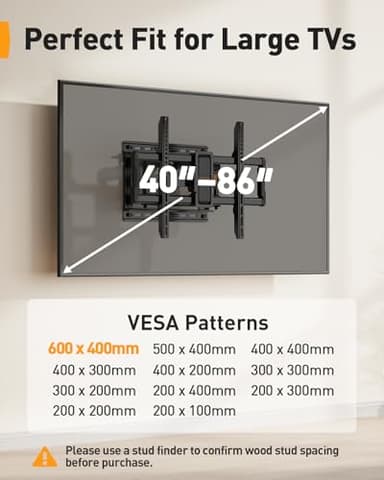 Perlegear UL-Listed Full Motion TV Wall Mount for 40–86 Inch Flat Curved TVs up to 132 lbs, 12″/16″ Wood Studs, TV Mount Bracket with Tool-Free Tilt, Swivel, Extension, Max VESA 600 x 400mm, PGLF15 - Image 2