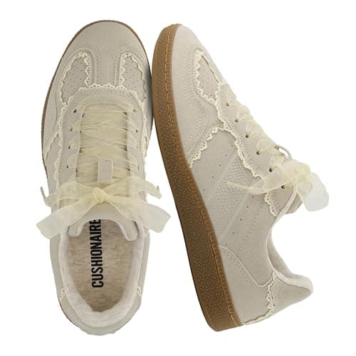 CUSHIONAIRE Belinda Women’s Lace Detail Casual Sneakers – Elegant Ribbon Lace-Up Summer Shoes for Women with Memory Foam, IVORY 6.5 - Image 1