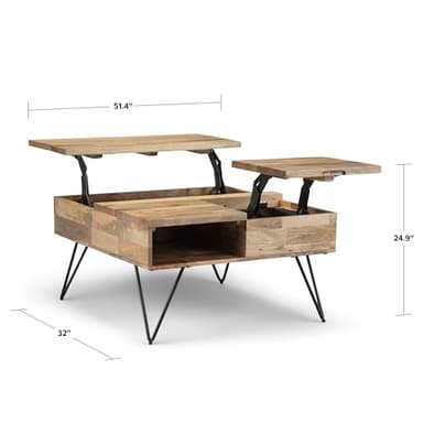 SIMPLIHOME Hunter Lift Top Coffee Table - 32 inch Wide Solid Mango Wood and Metal Industrial Square Cocktail Table in Natural, Living Room Table with Dual Lift Tops, Hidden Storage and Hairpin Legs - Image 3
