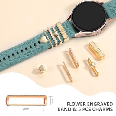 DaQin Flower Engraved Band Compatible with Samsung Galaxy Watch 7 Band/FE 6 5 4 40mm 44mm,Galaxy Active 2, 20mm Watch Band Soft Silicone Replacement Strap with Decorative Charms Accessories Women - Image 5