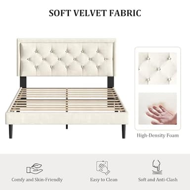 CXVX Queen Size Platform Bed Frame with Upholstered Velvet Button Tufted Headboard, Mattress Foundation with Wooden Slat Support, No Box Spring Needed, Easy Assembly, Noise Free, Beige - Image 3