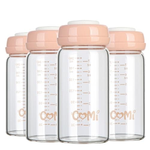 COMI Wide Neck Glass Breastmilk Collection n Storage Bottle, 8oz with Screw Ring Sealing Disk; Re-markable Sealing Disc. BPA Free, Fits Breast Pumps & Nipples (4 Pink Lids) - Image 1