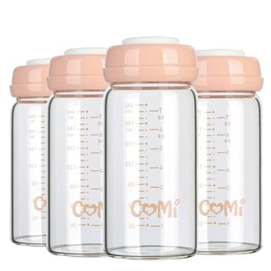 COMI Wide Neck Glass Breastmilk Collection n Storage Bottle, 8oz with Screw Ring Sealing Disk; Re-markable Sealing Disc. BPA Free, Fits Breast Pumps & Nipples (4 Pink Lids) - Image 1