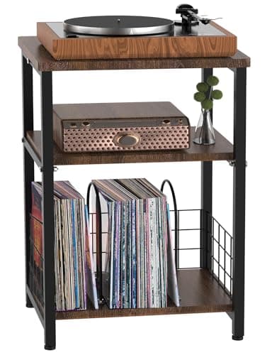 Tuohours Record Player Stand, 3 Tier End Side Table with Vinyl Record Storage Basket, Turntable Table up to 100 Albums Record Shelf Display Holder Cabinet for Living Room, Bedroom, Office - Image 1