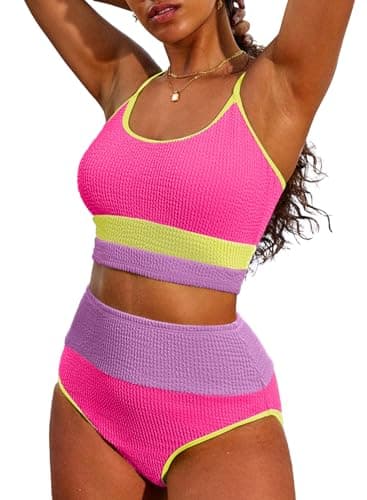 Herseas Women Two Piece Striped Swimsuit Cute High Waist Tummy Control Bikini Top with Bottom Push Up Modest Swimwear for Girls Rose Red Colorblock X-Small - Image 1