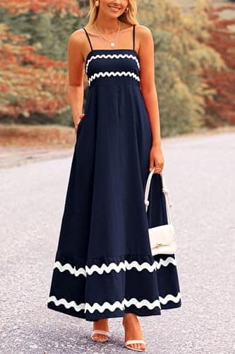 PRETTYGARDEN Women's 2025 Summer Flowy Maxi Dress Casual Sleeveless Spaghetti Strap Ruffle Beach Long Dresses (Dark Blue,X-Large) - Image 3