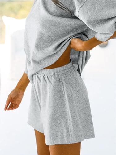 Tankaneo Womens Pajama Sets 3/4 Sleeve Oversized Tops and Elastic Waist Shorts Lounge Sets Loungewear Grey - Image 2