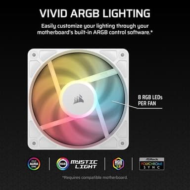 Corsair RS120-R ARGB 120mm PWM ARGB Reverse Fans – Reverse Rotor, +5V ARGB Connections, Eight RGB LEDs, High Static Pressure, Daisy-Chain, Magnetic Dome Bearing, Zero RPM Mode – Triple Pack – White - Image 4