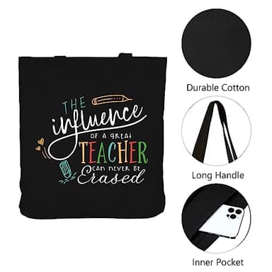ELEGANTPARK Teacher Gifts for Women Teacher Bag for Appreciation Week Retirement Valentines Day Birthday Graduation Christmas Thank You Black Cotton Canvas Tote Shoulder Bag with Interior Pocket - Image 5