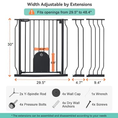 COMOMY 29.5-48.4" Baby Gate with Adjustable Cat Door,Extra Wide Metal Cat Gate for Stairs Doorways, Auto Close Dog Gate with Pet Door for House, Pressure Mounted Easy Walk Through (30" Tall, Black) - Image 7