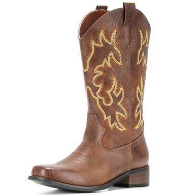 IUV Cowboy Boots For Women Square Toe Cowgirl Boots Mid Calf Western Boots Pull On Fashion Cowboy Boots - Image 1