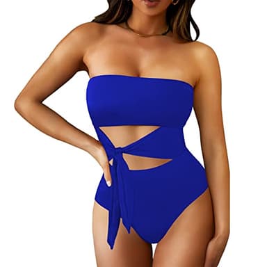 Viottiset Women's Bandeau One Piece Swimsuit Strapless Tie High Cut Out Plus Size Bathing Suit Blue XX-Large - Image 2