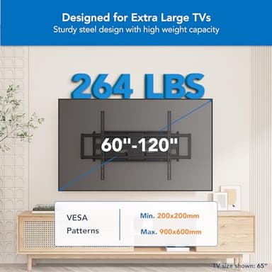 Mount-It! Heavy Duty XXL Full Motion TV Wall Mount for Extra Large TVs, max VESA 900x600, Holds up to 264lb, Swivel Tilt Extension Adjustable TV Mount for 60" 65" 75" 80" 85" 90" 98" 100" 115" 120 in - Image 2