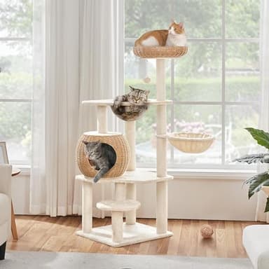 Yaheetech 54in Rattan Cat Tree, Modern Tower with Breathable Woven Condo, Scratching Posts & Washable Cushions, Naturally Cool in Summer, Cute Furniture for Indoor Cats - Image 9