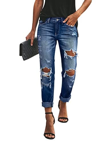 KUNMI Women's Ripped Mid Waisted Boyfriend Jeans Loose Fit Distressed Stretchy Denim Pants - Image 1