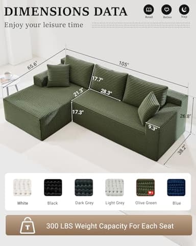 Cloud Sectional Couch,105 Inch Modern Modular Sectional Sofa with Deep Seat,Corduroy Boneless Couches with L-Shape Chaise for Living Room Bedroom,No Assembly Required (Green, Left Facing Chaise) - Image 2