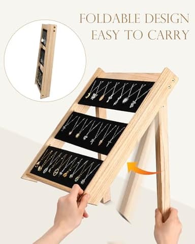 Bulado Necklace Display for Vendors, 3 Tier Foldable Jewelry Display Stand with 66 Slots, Wooden Chain Necklace Holder with Velvet for Selling, Jewelry Storage Organizer for Craft Show - Image 3